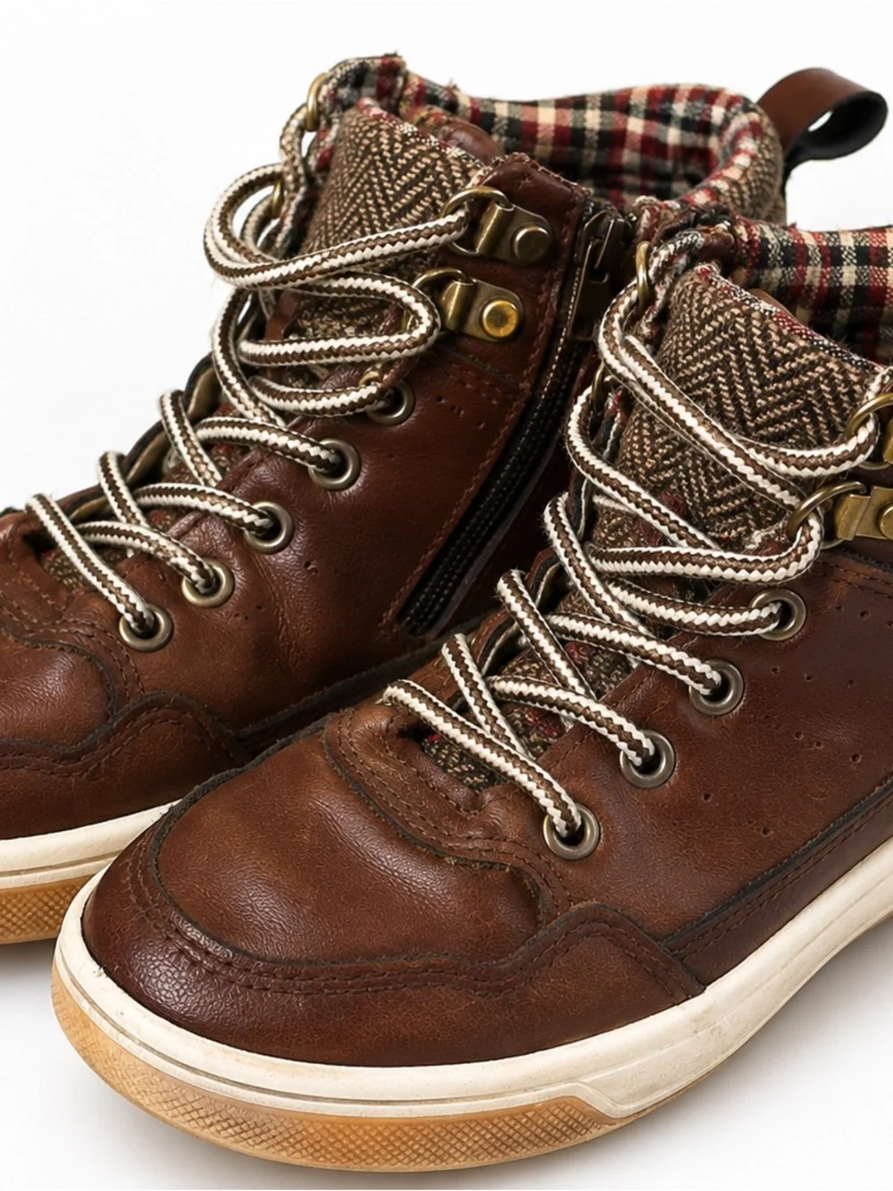 Kids Brown High Top Sneaker Boots Size 11 Lace Up Zip Plaid Lined